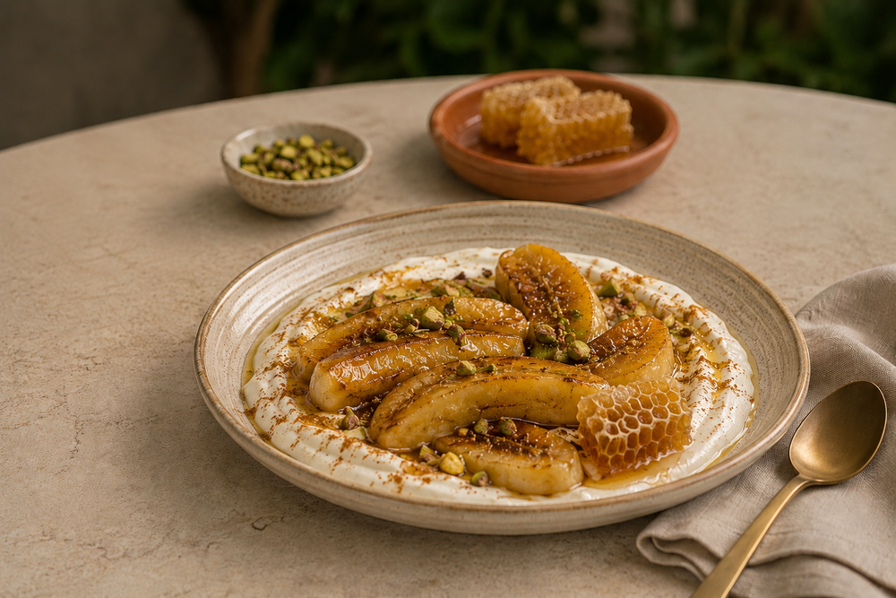 Ghee-Roasted Bananas with Cardamom Labneh & Honeycomb